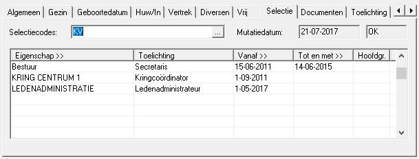 2.2.8. Selectie In het tabblad "Selectie" kunt u Eigenschappen en Selectiecodes registreren. Dit scherm bestaat uit twee delen; het invoerveld Selectiecodes en een tabel met eigenschappen. 2.2.8.1.