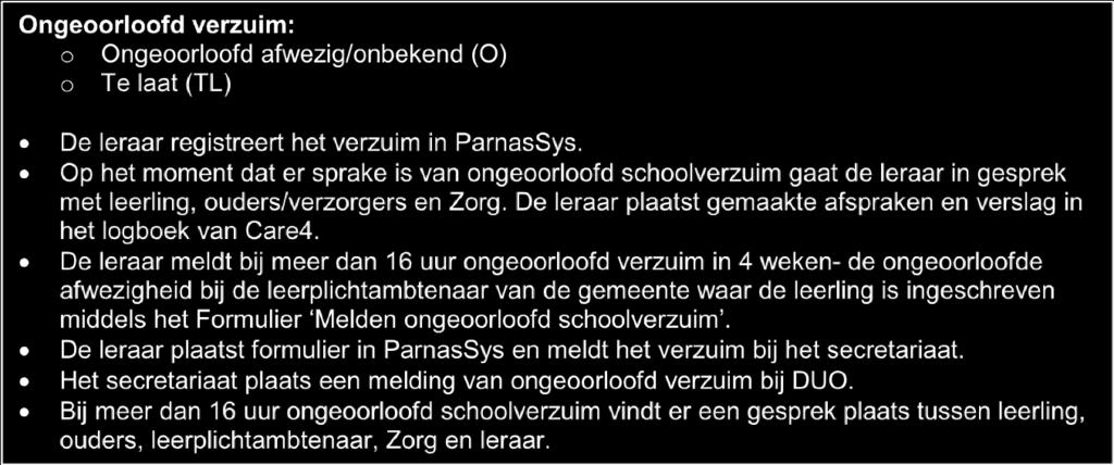 N.b. Wanneer een leerling in een klas afwezig is zonder afmelding, probeert de leraar - binnen een kwartier vanaf de verwachte aanvangstijd - contact te zoeken met ouders/verzorgers/groep.