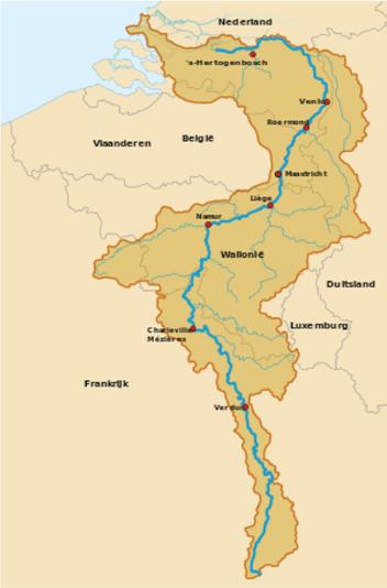 2 DE MAATSCHAPPELIJKE WAARDE VAN DE MAAS 2.1 STROOMGEBIED VAN DE MAAS De Maas heeft een stroomgebied van ongeveer 35.000 km 2, waarvan het grootste deel in België ligt (12.000 km 2 ) (figuur 4).