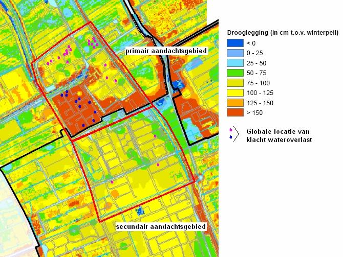 figuur is tevens aangegeven op welke locaties klachten zijn geregistreerd. Het verschil in kleur bij de klachten is voor de zichtbaarheid en heeft geen inhoudelijke betekenis. In figuur 2.