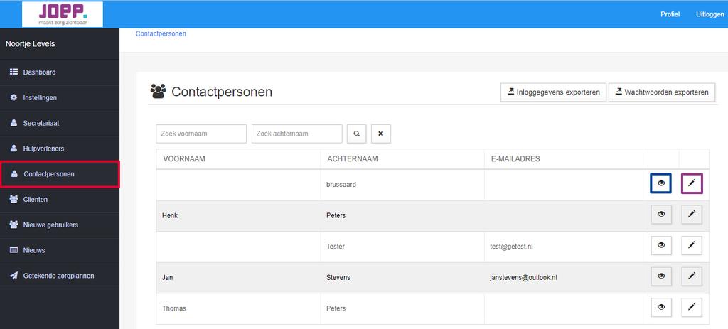 3.5 Contactpersonen Het onderdeel Contactpersonen biedt een overzicht van alle contactpersonen die aan de desbetreffende cliënt zijn gekoppeld via het tabblad Sociaal team op de cliëntenkaart binnen