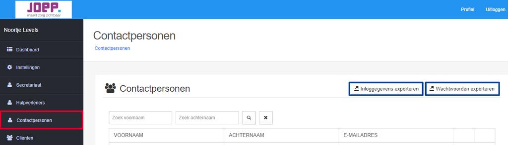 Door binnen de module Contactpersonen (zie rode kader in afbeelding 28) op Inloggegevens exporteren en Wachtwoorden exporteren (zie blauwe kaders in afbeelding 28) te klikken, wordt een PDF bestand