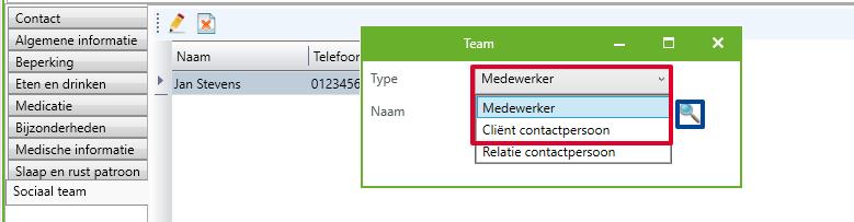 Via het potloodje (zie blauwe kader in afbeelding 5) kunt u een teamlid toevoegen, waarbij u de keuze hebt tussen een medewerker en een cliënt contactpersoon (zie rode kader in afbeelding 6).