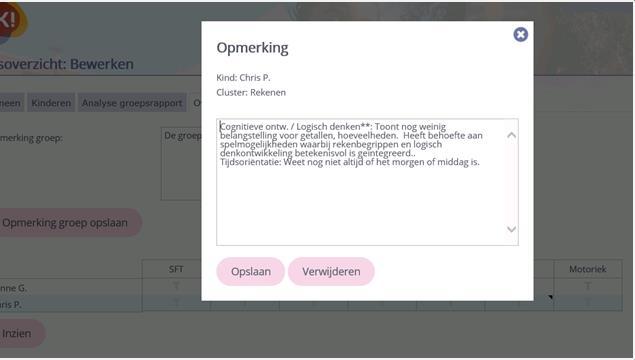 vakje te klikken ziet u de tekst in een pop-up venster. Deze tekst kunt u bewerken. Nadat u een bewerking hebt gedaan, klikt u op opslaan. Als u klaar bent met het groepsoverzicht, klikt u op inzien.