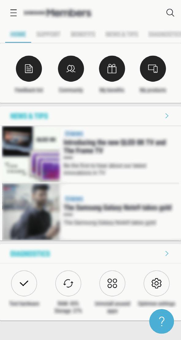Apps en functies Samsung Members Samsung Members biedt ondersteuningsservices aan klanten, zoals apparaatprobleemdiagnose, en gebruikers kunnen hier vragen stellen en foutrapporten indienen.