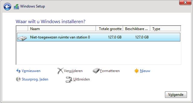 Een partitie selecteren Tijdens de installatie wordt gevraagd op welke partitie Windows geïnstalleerd moet worden.