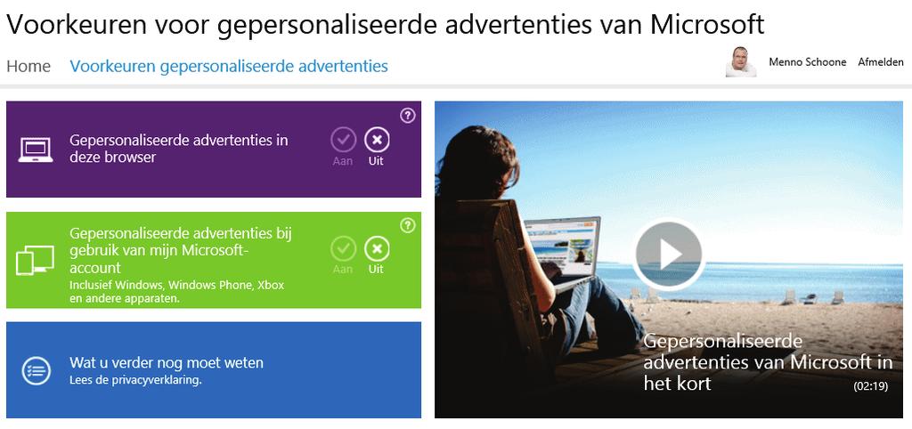 De link Mijn Microsoft-reclame en andere persoonlijke gegevens beheren opent een internetpagina waar is in te stellen dat Microsoft geen gepersonaliseerde advertenties meer mag tonen tijdens het