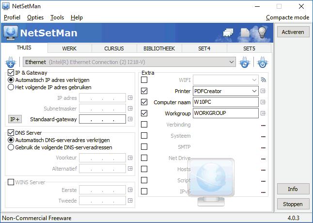 NetSetMan heeft voor elk profiel een apart tabblad met instellingen.