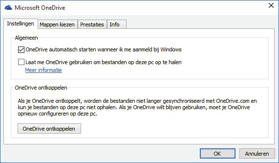 Op het tabblad Instellingen moet de optie OneDrive automatisch starten wanneer ik me aanmeld bij Windows ongewijzigd blijven zodat het synchronisatieproces niet wordt verstoord.