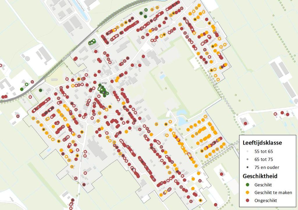 In het westelijk deel van het dorp (in de buurt van De Tuije, en Ljippenstal) zien we wat meer woningen met lagere maandelijkse energielasten.