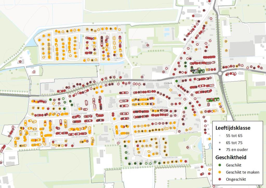 In het noordelijke woonblok (ten noorden van de Sâufeart en rondom de Simke Kloostermanstrjitte) zien we veel woningen met relatief lage maandelijkse energielasten.