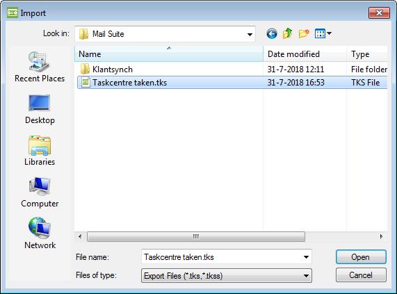 Klik met de rechtermuis op de map "Tasks" en selecteer in het contextmenu de optie "Import...". 3. Bij Mail Suite wordt een bestand met de naam "Taskcentre taken.tks" meegeleverd.