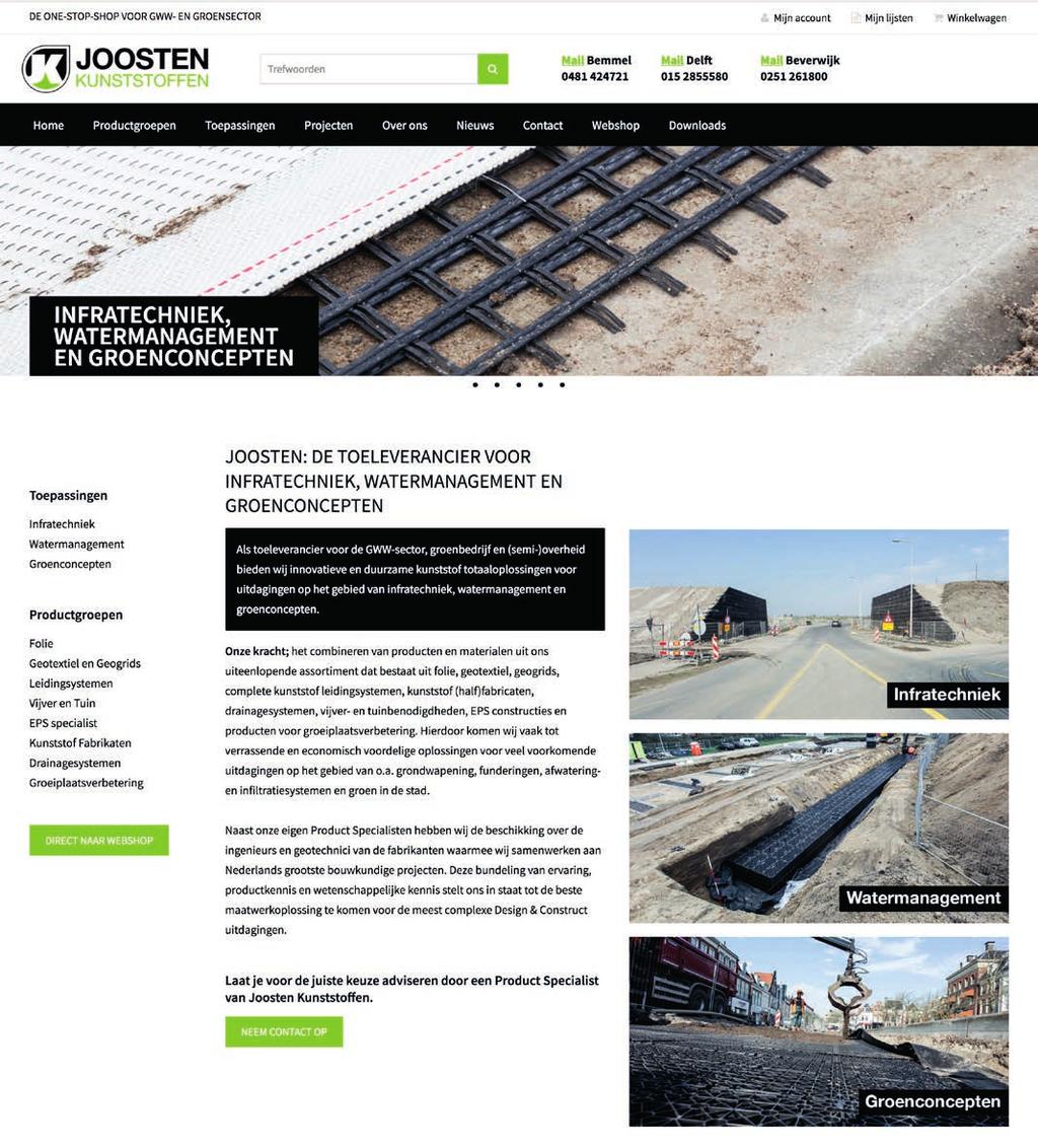 FOLIE GEOTEXTIEL EN GEOGRIDS LEIDINGSYSTEMEN VIJVER EN TUIN EPS CONSTRUCTIES KUNSTSTOF FABRICATEN DRAINAGESYSTEMEN GROEIPLAATSVERBETERING HANDLEIDING WEBSHOP WWW.JOOSTENKUNSTSTOFFEN.