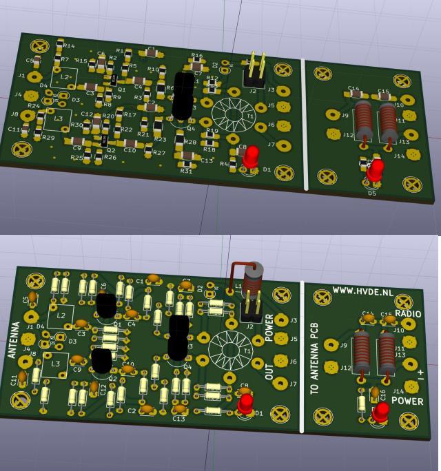 Van Henk PA5HE Update vorderingen actieve loopantenne Ik heb de componentjes op de print gezet. Zo komt het er ongeveer uit te zien. Bij de streep kan de print doorgeknipt worden.