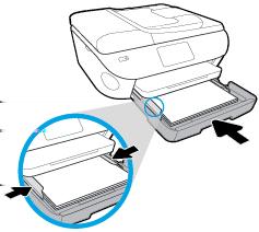 2. Plaats papier. Plaats de stapel papier in de papierlade met de korte rand naar voren en de afdrukzijde naar beneden. Schuif het papier zo ver mogelijk in de printer.