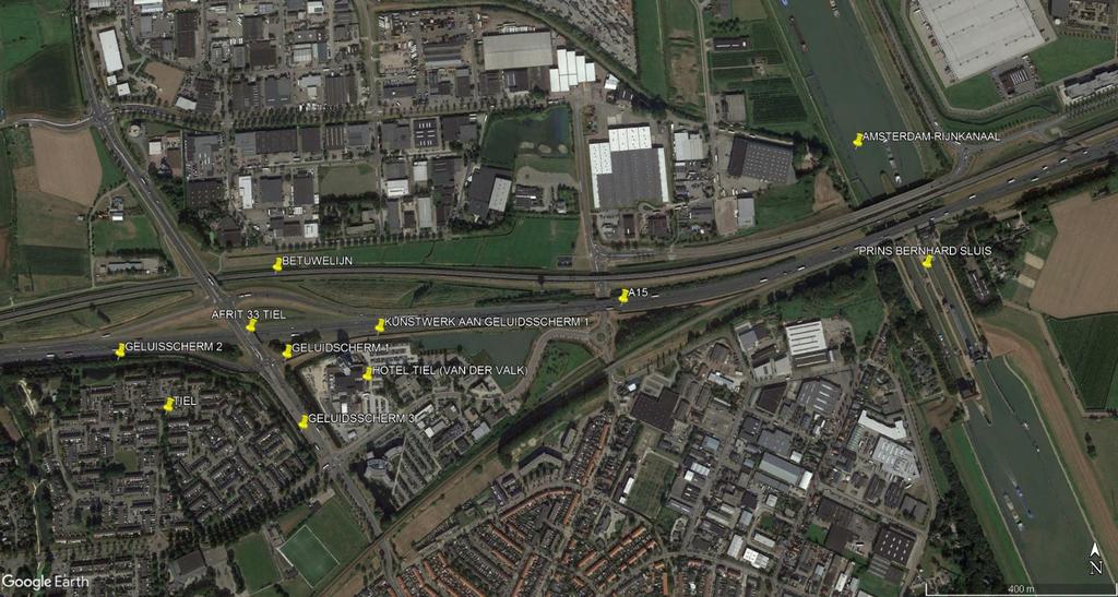 Figuur 1. Ligging geluidsschermen 1, 2 en 3 tussen knooppunt Deil en het Amsterdam-Rijnkanaal ter hoogte van Tiel. Figuur 2.