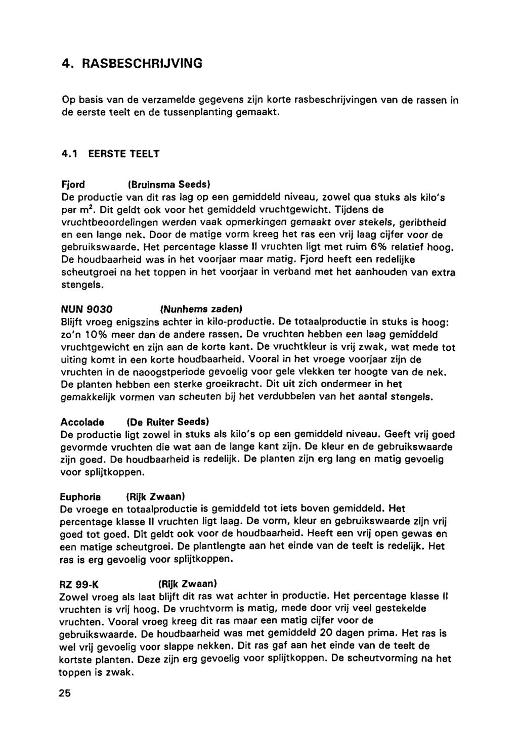 4. RASBESCHRIJVING Op basis van de verzamelde gegevens zijn korte rasbeschrijvingen van de rassen in de eerste teelt en de tussenplanting gemaakt. 4.