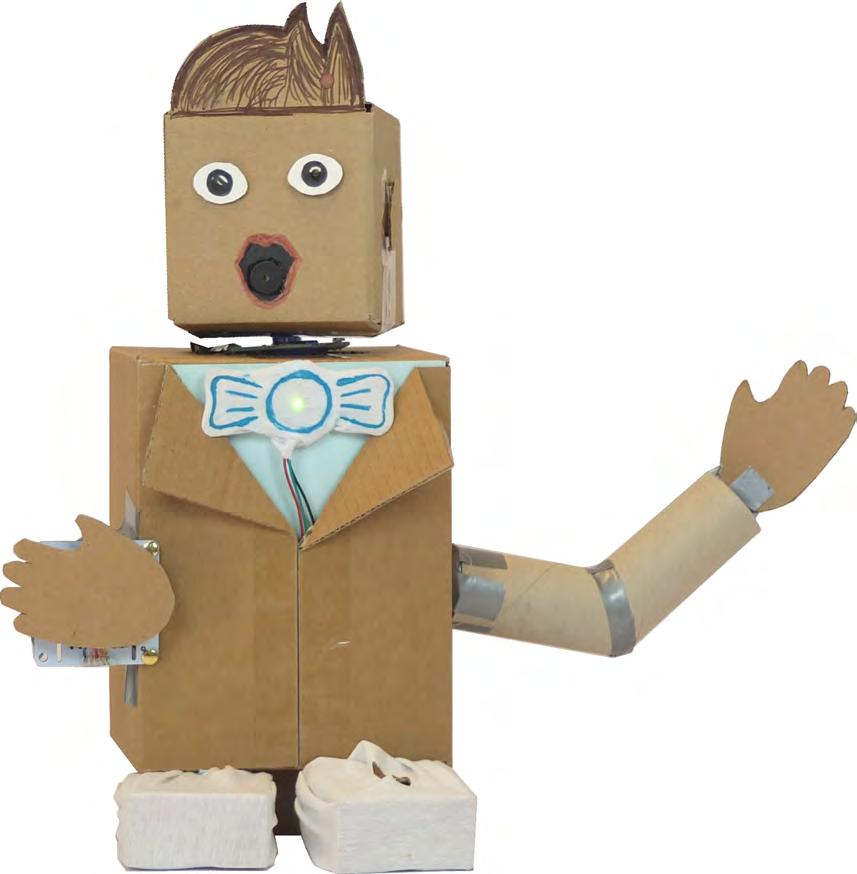 BYOR-robot Voorbeeld van een robot gemaakt met de BYOR-kit, karton en stof Output-onderdelen Input-onderdelen De lichtsensor zit achter het oog en is verbonden met de mond.