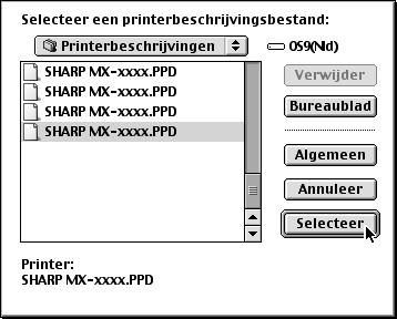 MAC OS 9.0-9.2.2 10 Selecteer het PPD-bestand. 13 Selecteer de configuratie van het apparaat. (1) (2) (1) Selecteer de opties die zijn geïnstalleerd op het apparaat.