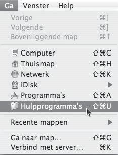 Als de licentie in een andere taal verschijnt, wijzig de taal dan in het taalmenu. 11 Selecteer [Hulpprogramma's] in het menu [Ga]. Als u Mac OS X v10.5 