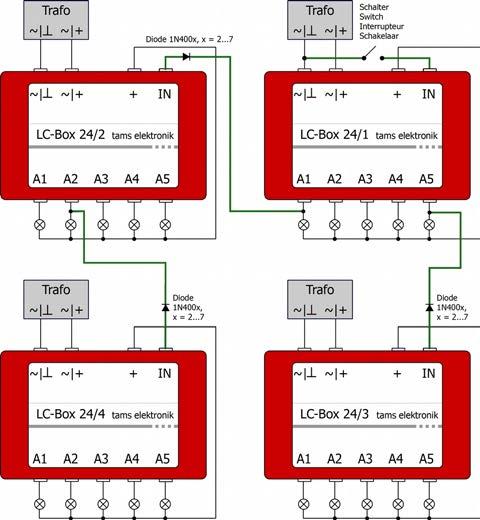 Nederlands U moet in de toevoerleidingen naar de gecascadeerde LCboxen 24 in beide een diode 1N4000x (x = 2.