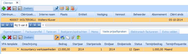 Zoals je in het scherm hierboven kan zien, hebben we een VPA Accountancy werkzaamheden gekoppeld aan de cliënt. VPA-template: Het nummer van de VPA zoals aangemaakt in de kostensoorten.