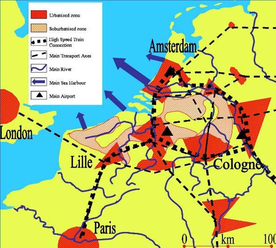 Deltametropool in Noordwest Europa 35 mln inwoners tussen Lille, Amsterdam en