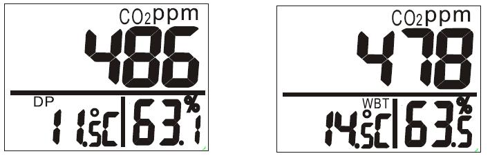 Dauwpunt, natte bol temperatuur (alleen GT1060 ) Druk op DP/WBT, om de lucht temperatuur, display links onder, te wisselen tussen dauwpunt en natte bol temperatuur.