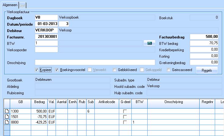 Om de andere BTW-code (in dit geval code 5 voor BTW laag) ook in het boekstuk te kunnen betrekken, moeten handmatig twee extra regels worden aangemaakt.