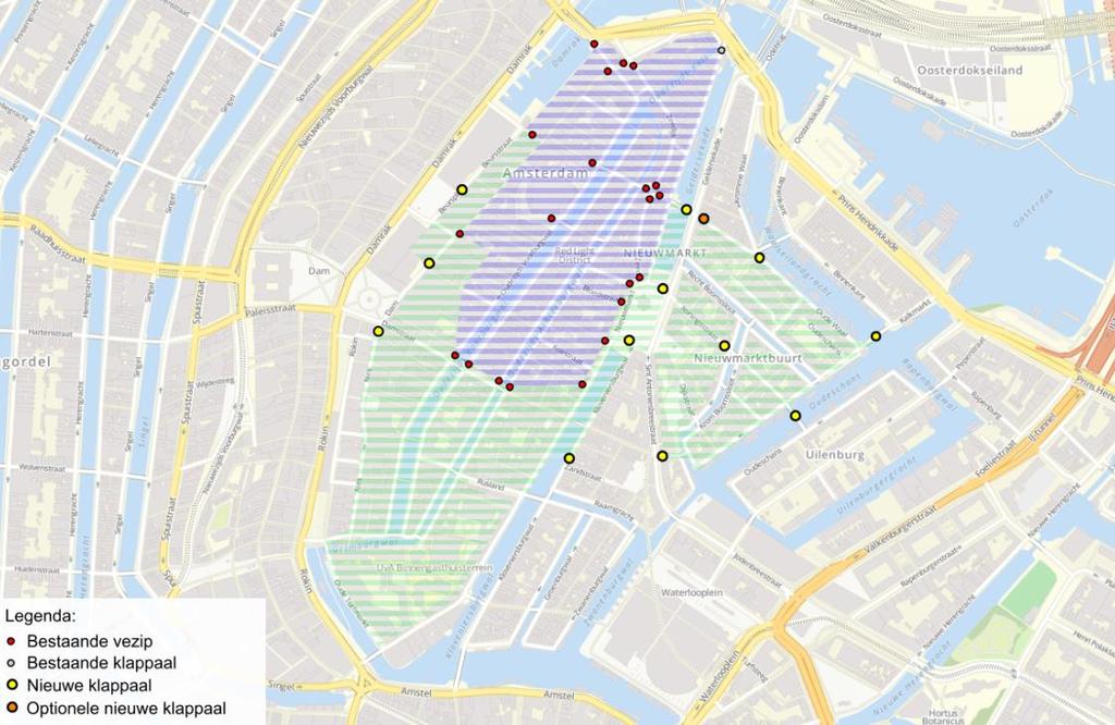 Figuur 4 - Locaties inrijverboden / klappaaltjes De inrijverboden sturen het (taxi)verkeer naar de hoofdroutes St. Antoniebreestraat-Geldersekade en Rokin-Damrak.