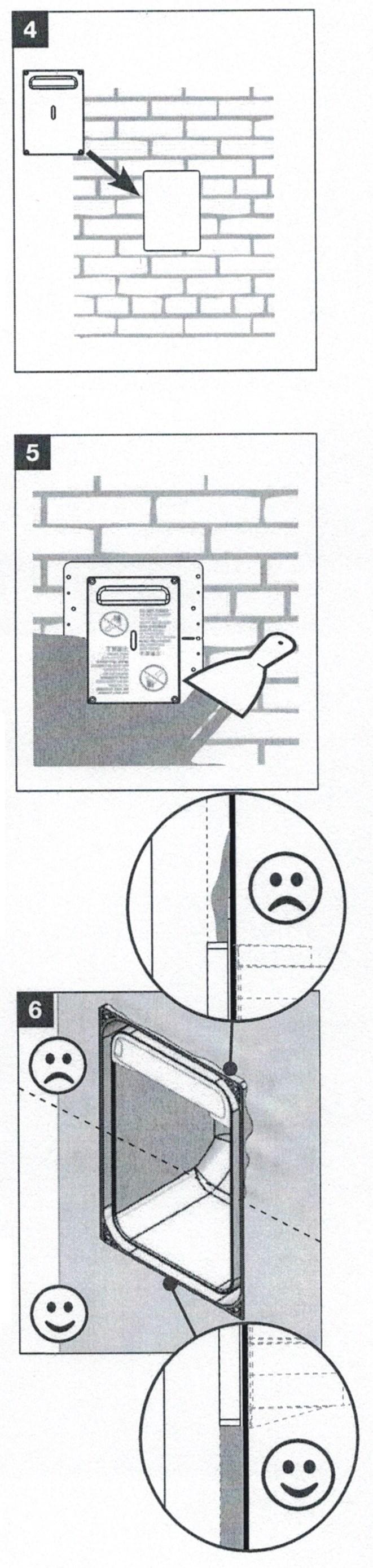 Metselwerk Gebruik het sjabloon in deze installatiehandleiding om een opening te maken in het metselwerk (figuur 4) Voer de achterzijde van de inbouwdoos in de wand en schroef