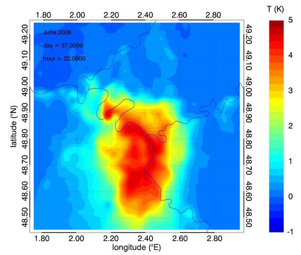 Urban Heat Island ( hittestress ) Simulated urban-minus-rural 2-m air temperature for the Paris region (VITO, Belgie) assessment UHI intensiteit van