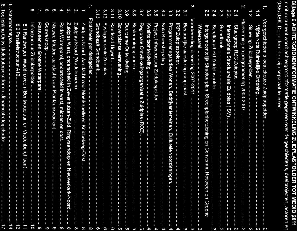 Bijlage 6 ACHTERGRONDINFORMATIE ONTWIKKELING ZUIDPLASPOLDER TOT MEDIO 2011 In dit document wordt achtergrondinformatie gegeven over de geschiedenis. deelprojecten. actoren en OSK/USK.