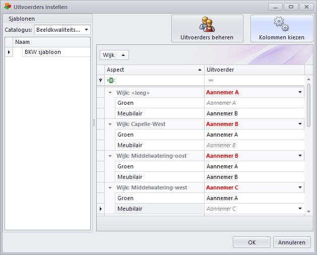 Klik op Kolommen kiezen om de attributen (kolommen) te kiezen waarop bepaald gaat worden welke uitvoerder verantwoordelijk is voor de beeldmeetlat.