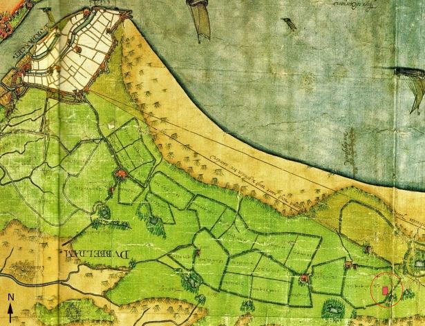 Afb. 6. Het plangebied weergegeven op een kaart van S. Jansz & C. Jansz. uit 1592 (rood rechtsonder). Het ligt in een hoog opgeslibd gebied dat alweer in gebruik is genomen.