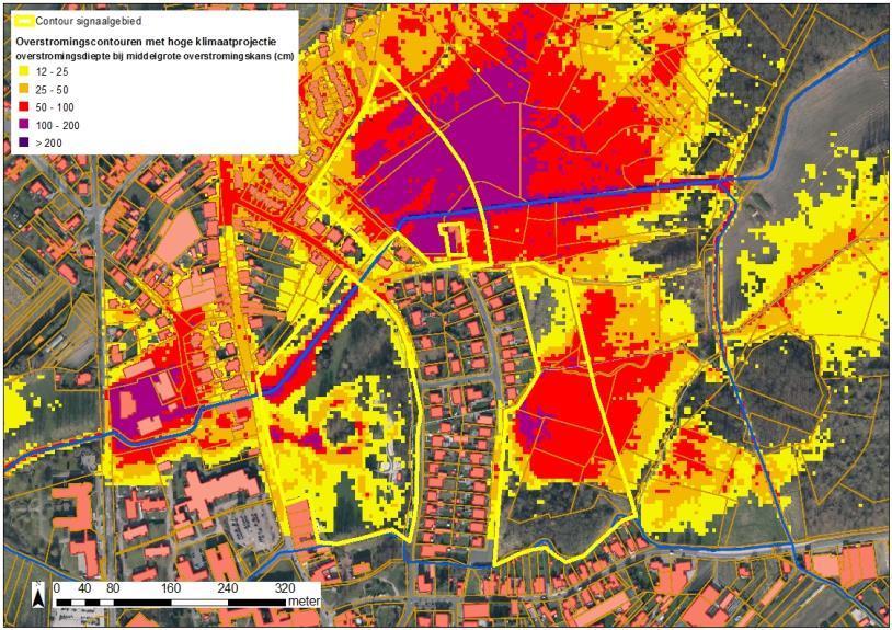 De groene contour geeft de recente overstroomde gebieden (ROG) weer, waar geen specifieke overstromingskans gekend