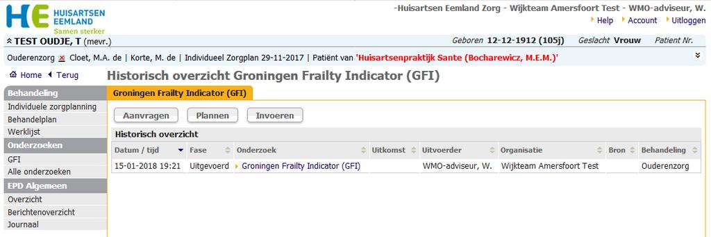 Patiëntendossier (3): GFI Klik onder Onderzoeken op GFI en door vervolgens op de blauwe tekst Groningen Frailty Indicator (GFI)