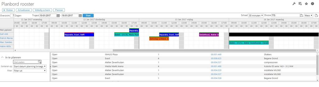 Planbord van de service monteurs Weekoverzicht, waarbij de schaal kan worden aangepast (10, 15, 30