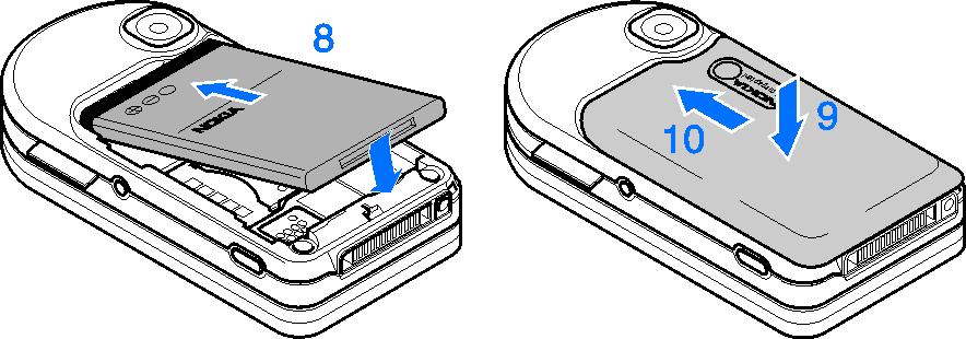 Plaats de SIM-kaart op de juiste wijze in de houder (5). Sluit de SIM-kaarthouder (6) en schuif de houder naar voren om deze te vergrendelen (7). Plaats de batterij terug (8).