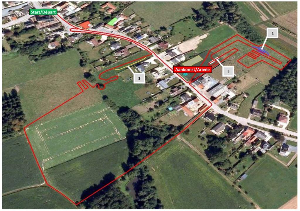 PLAN PARCOURS: 1 = Balken met chickentrack / 2 = Brug / 3 = Materiaalpost PARKING EN ACCOMMODATIE: 1