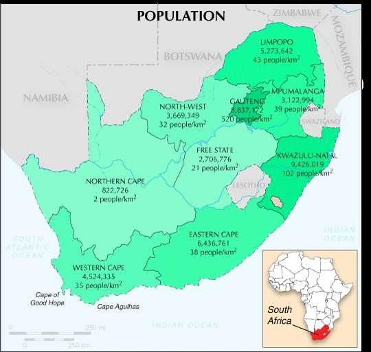 VRAAG 3 Bestudeer die bevolkingsverspreidingskaart van Suid Afrika en beantwoord die vrae wat volg. POPULASIE SUID AFRIKA ( Afgelaai van die internet ) VERDUIDELIKING BEVOLKING 1.