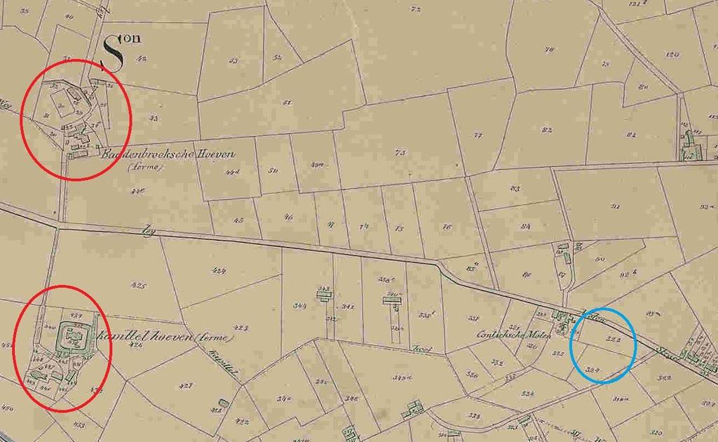 Fig. 1.8: Uittreksel uit Poppkaart met aanduiding van het projectgebied in het blauw en de Baddenbroekse Hoeven en de Kapittelhoeven in het rood 14. 1.5 Onderzoeksopdracht Het doel van deze prospectie met ingreep in de bodem is een archeologische evaluatie van het terrein.