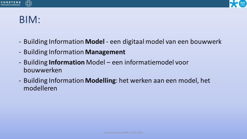 Een gebouw of een infrastructureel object. Dis is het oorspronkelijke begrip BIM.