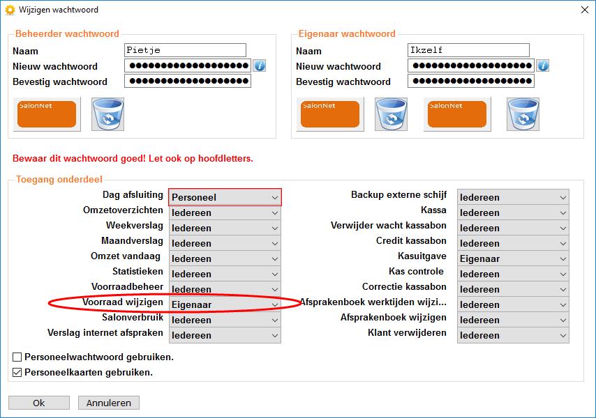 Afschermen voorraad mutaties Op verzoek van SalonNet gebruikers kan het wijzigen van de voorraad afgeschermd worden via een wachtwoord.