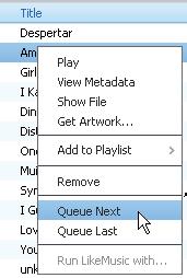 Nummers aan het begin of eind van de wachtrij toevoegen Als u nummers aan het begin van de lijst wilt toevoegen, klik dan met de rechtermuisknop op de opties en selecteer Queue Next (Volgende in
