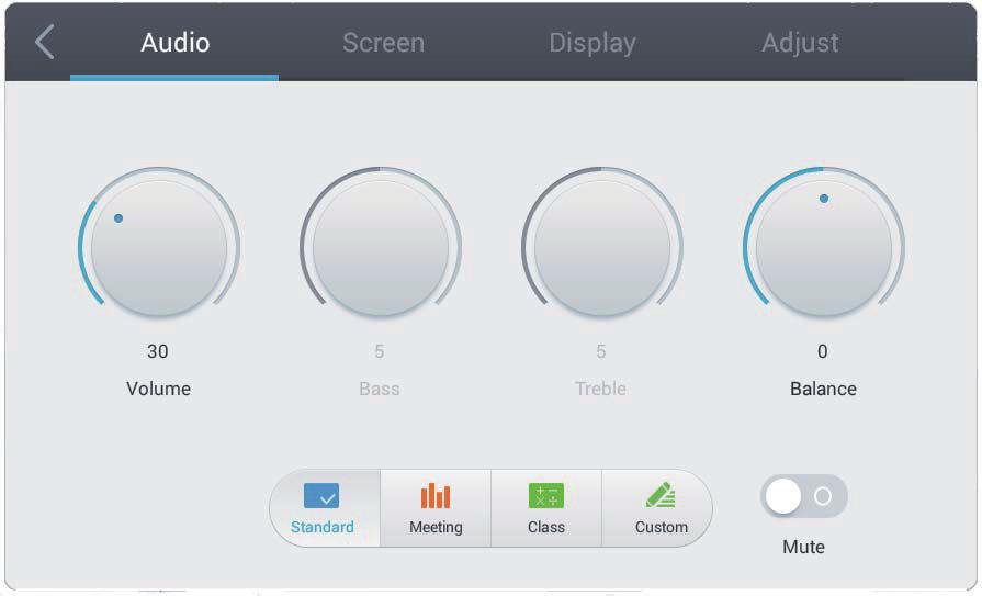 Audio Instellingen Audio setting Audio Scherm Beeldscherm VGA aanpassen 30 5 5 0 Volume Laag pitch Hoog Pitch Evenwicht Standaard Vergadering Klas Gebruikers Dempen Aanpassingsitem Probleem / Optie