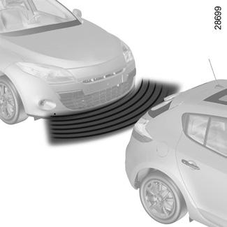 PARKEERHULP (1/3) De werking van het systeem Ultrasoon detectors die, afhankelijk van de auto, in de bumper voor en/of achter van de auto ingebouwd zijn, meten de afstand tussen de auto en een