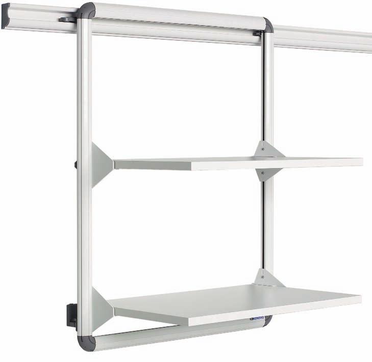 GB Design Rail rack Rail racks with two shelves for books, office accessories, TV/video, etc. Finished in the white Design profile with grey synthetic corner caps.
