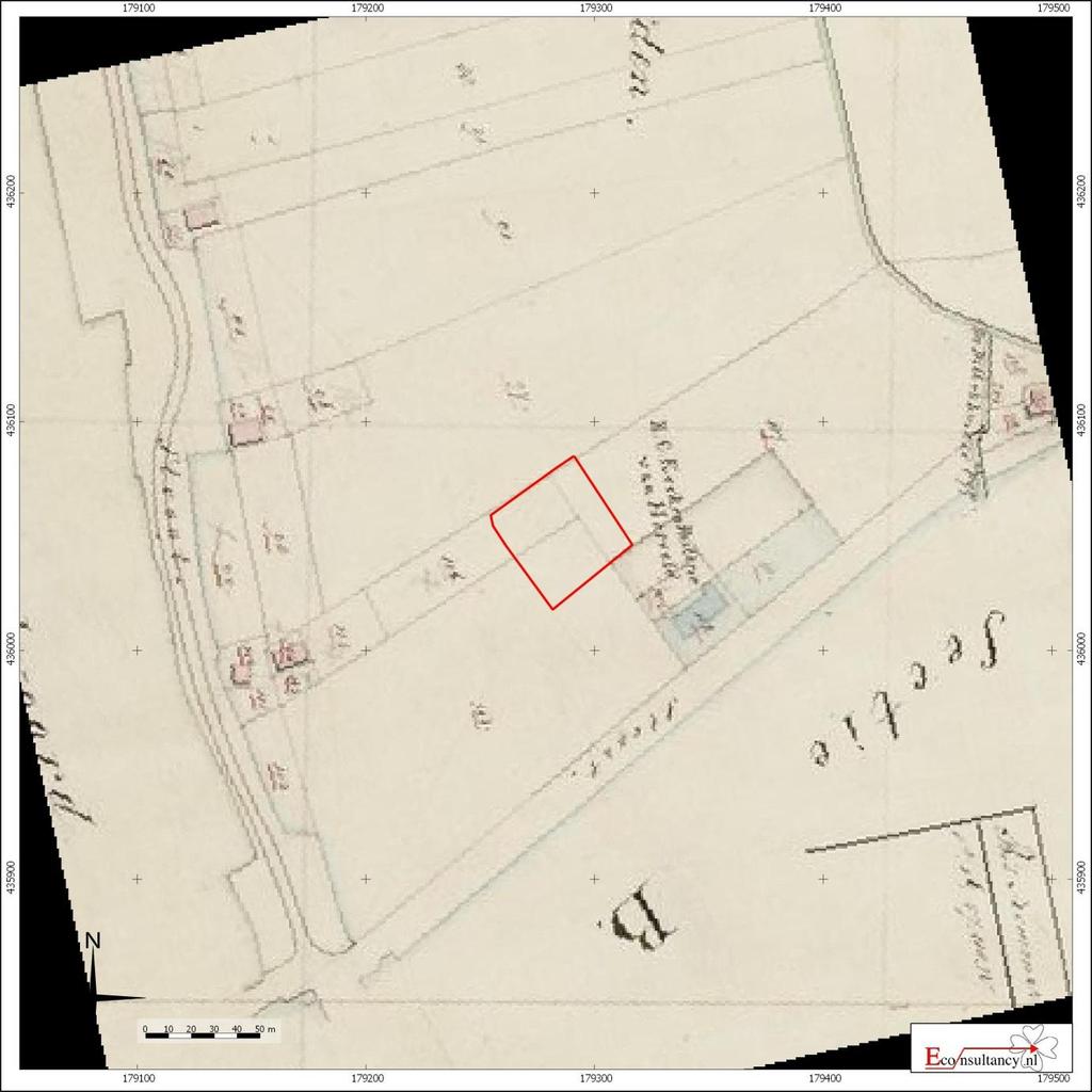 Figuur 4. Situering van het plangebied binnen de Kadastrale kaart uit 1819 (Minuutplan) Herveld (gemeente Overbetuwe) - St.