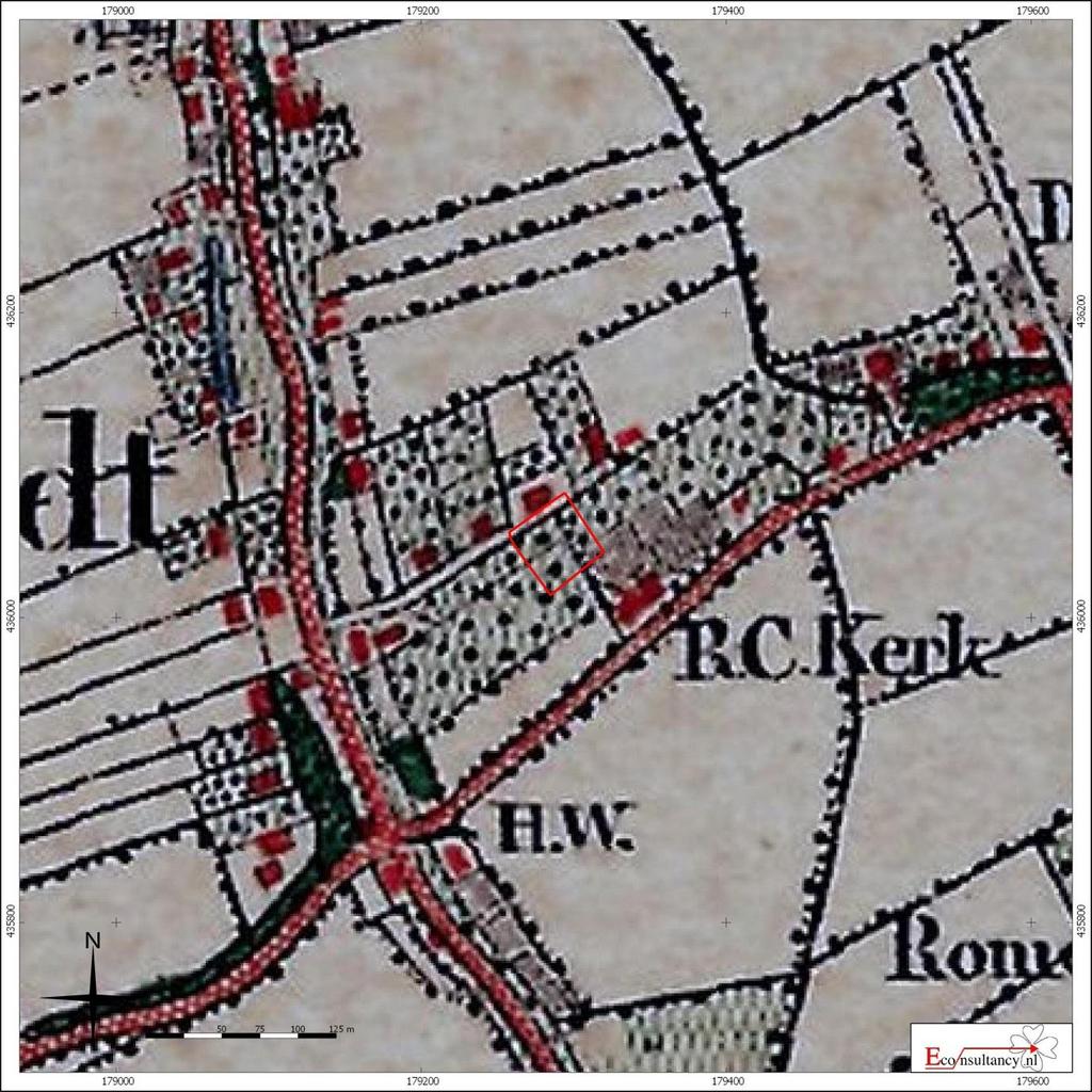 Figuur 5. Situering van het plangebied binnen de Militaire topografische kaart uit 1871 (Bonneblad) Herveld (gemeente Overbetuwe) - St.